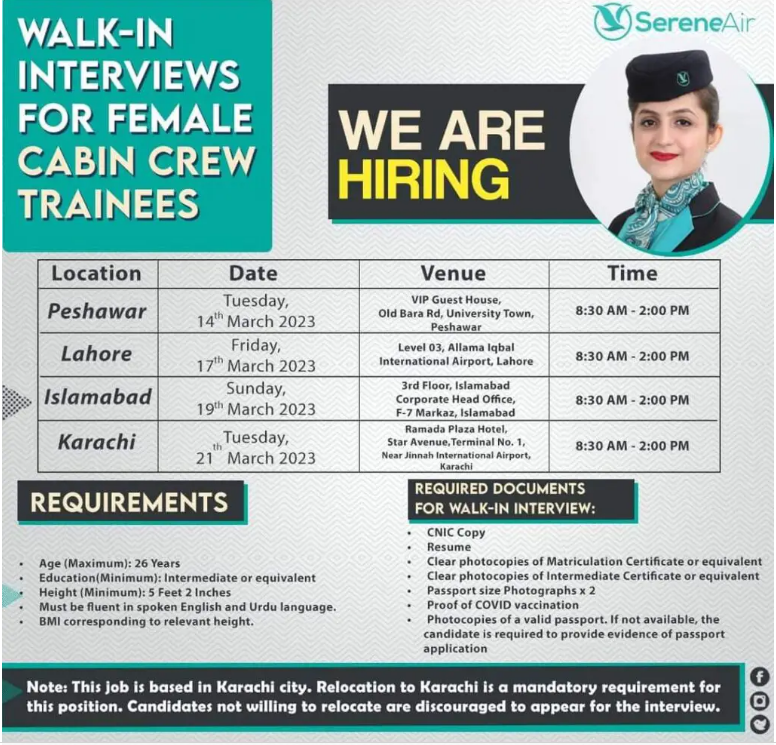 Serene Air Cabin Crew Jobs 2023 – Walk In Interview